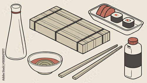 Authentic Japanese Sushi Meal Isometric Illustration with Chopsticks Soy Sauce Bamboo Mat and Dipping Bowl for Asian Food Restaurant Menu