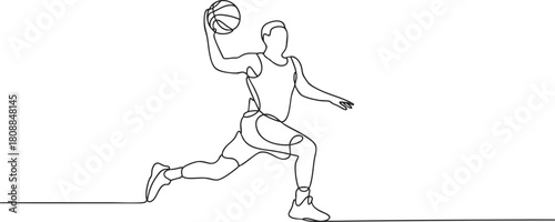 Continuous single line drawing of a basketball player in action, minimalist athlete movement captured in simple outline style vector illustration