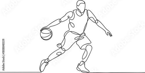 Continuous single line drawing of a basketball player in action, minimalist athlete movement captured in simple outline style vector illustration