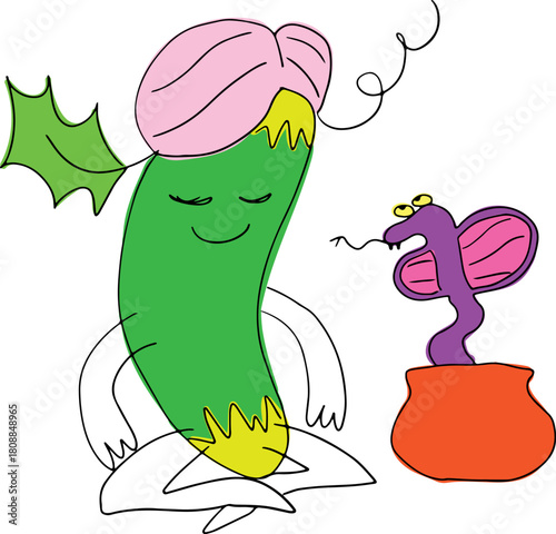 Playful green cucumber wearing a turban sitting next to a cobra from a pitcher. Created with black curved lines in a grunge style, whimsical and artistic.