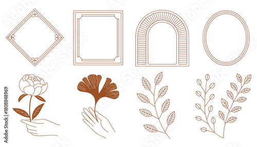 Set of four decorative brown line art frames and four botanical elements including a peony flower and ginkgo leaf held by hands