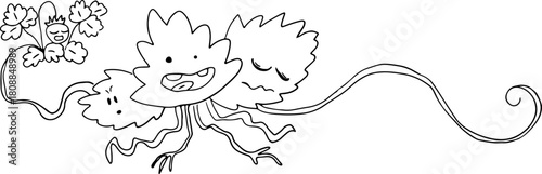 Whimsical scene of a playful strawberry bush with a face walking away from a cluster of strawberries. Created with black curved lines in a grunge style, fun and humorous.