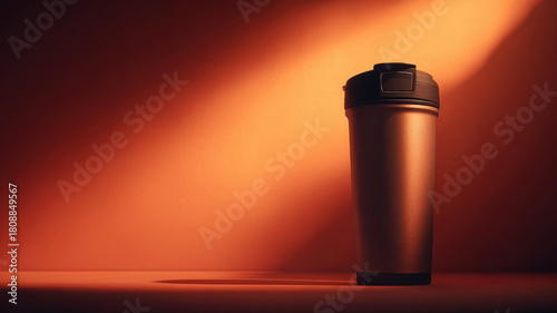 Sport shaker on orange background with light and shadow. Drink vessel for athlete to mix protein