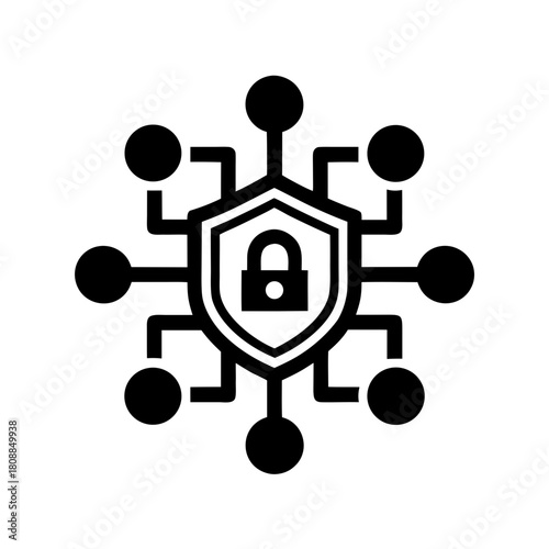 Shield with padlock and network nodes icon on transparent background silhouette