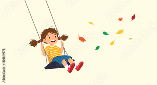 A cheerful young girl enjoys a carefree autumn day swinging on a swing set as colorful leaves gently fall around her, evoking joy and nostalgia.