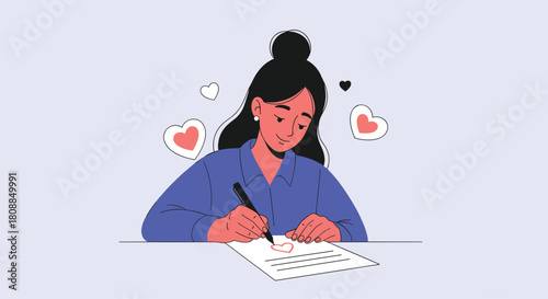 A young woman is happily writing a letter at a desk, surrounded by floating hearts, conveying themes of love, connection, and heartfelt communication.