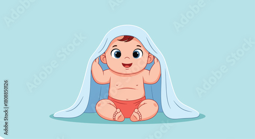 Adorable baby boy sitting with a towel over his head, looking happy and playful, a cute illustration for childcare or baby products advertising.