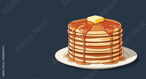 A tall stack of golden brown pancakes drizzled with maple syrup and topped with a pat of butter, served on a white plate.