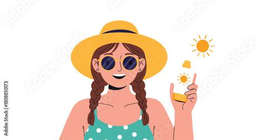 Smiling woman in a straw hat holds sunscreen, promoting sun safety and summer skincare with cheerful sun illustrations around her.