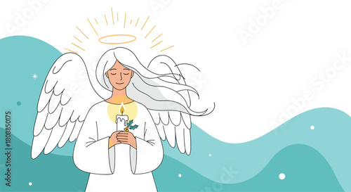 Serene angel with flowing white hair gently holds a lit candle, radiating peace and hope against a soft blue background.