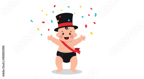 A cheerful cartoon baby wearing a top hat and sash celebrates with confetti falling around them, symbolizing a new year or special occasion.