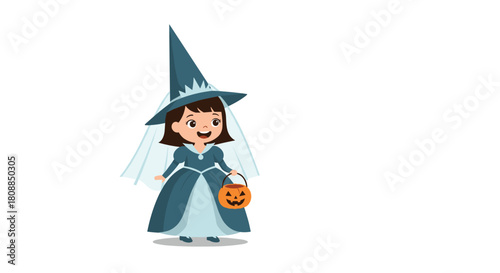Adorable young girl dressed as a witch for Halloween, holding a pumpkin-shaped trick-or-treat bucket and smiling cheerfully.