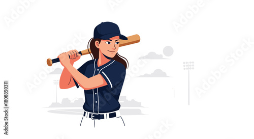 Confident female baseball player preparing to swing the bat on the field, showcasing athletic skill and determination during a game or practice session.