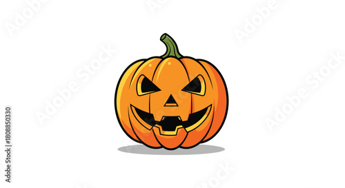 A cheerfully spooky jack-o'-lantern with a classic carved face and green stem is displayed against a plain white background, perfect for Halloween designs.