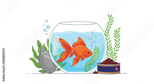 A vibrant orange goldfish swims happily in a round glass bowl surrounded by aquatic plants and fish food, illustrating pet care and aquarium life.