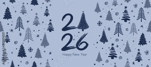 New Year 2026 card, postcard, hand drawn illustration.	
