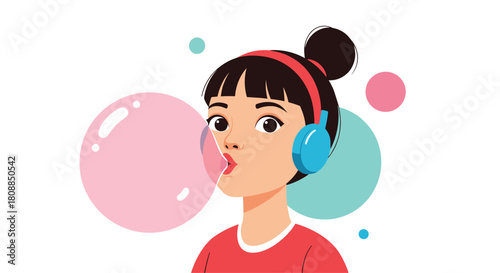 Young woman with headphones blowing a pink bubblegum bubble, looking to the side with a playful expression, modern illustration style.