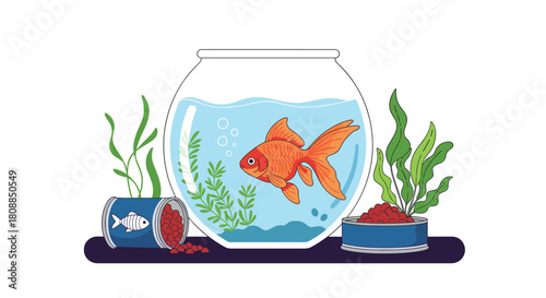 A vibrant orange goldfish swims in a clear glass bowl with aquatic plants and scattered fish food, creating a peaceful pet scene.