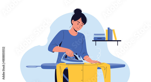 A young woman cheerfully irons a yellow shirt on an ironing board in a bright, modern home setting, showcasing domestic life and household chores.