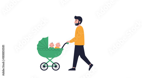 A bearded father walks with a green stroller containing twin babies, showcasing modern parenthood and family life in a simple, illustrative style.
