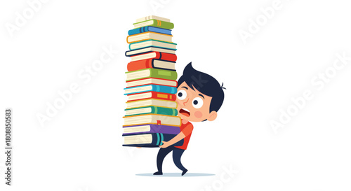 Overwhelmed student struggles to carry a massive stack of books, illustrating academic pressure and the burden of education.