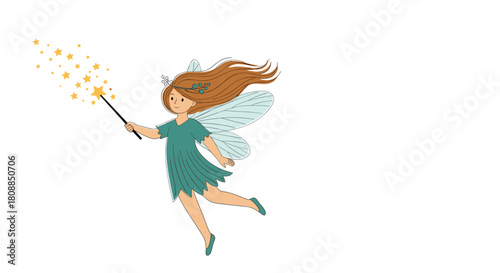 A whimsical illustration of a fairy with flowing red hair and delicate wings casting a sparkling spell with her wand, radiating magic and wonder.