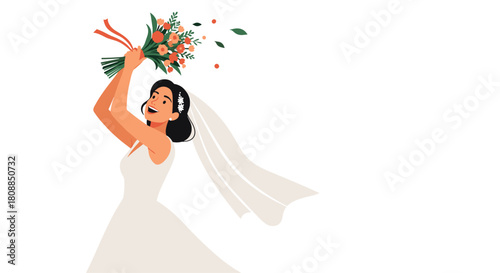 Joyful bride in a white wedding dress throws her bouquet high in the air during a celebratory reception moment, symbolizing hope and future happiness.