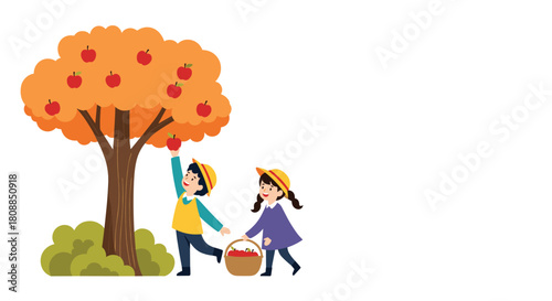 Two children happily picking ripe red apples from a bountiful tree on a sunny autumn day, filling a woven basket with their harvest.