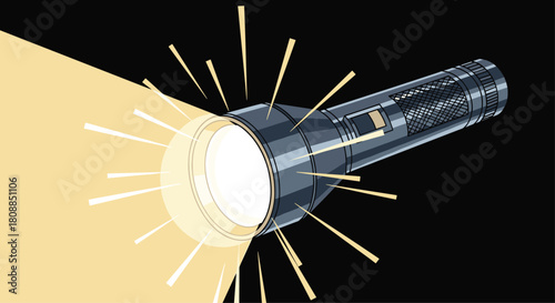A bright flashlight illuminates the darkness, casting a focused beam of light against a black background, symbolizing guidance and security.