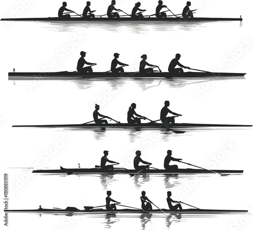 set of people riding a cano black and white silhouette illustration