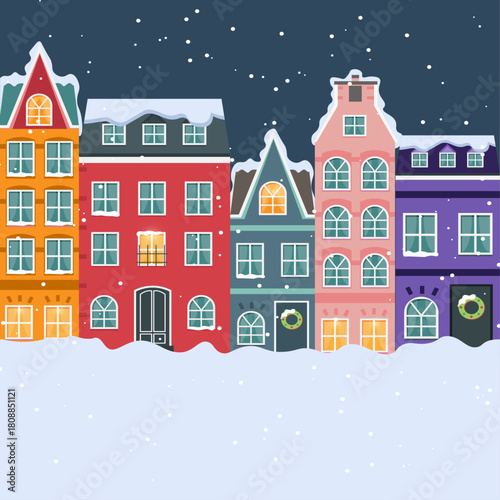 Christmas winter cityscape. Snowy street. Xmas fair. House with windows or store doors. Town square buildings.