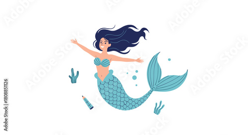 A cheerful cartoon mermaid with flowing dark hair and a teal scaled tail swims playfully with arms outstretched, surrounded by aquatic plants and bubbles.
