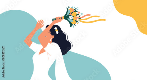 Joyful bride tossing her bouquet during a wedding celebration, a moment of fun and anticipation for single guests hoping to catch it.