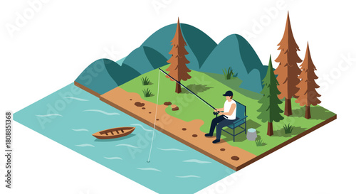Peaceful isometric lake fishing scene with angler by mountainous landscape