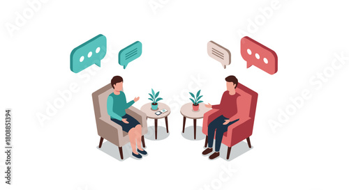Isometric dialogue: two people chatting in cozy armchairs