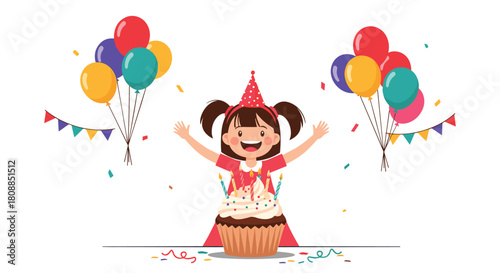 A cheerful young girl celebrates her birthday with a large cupcake, colorful balloons, and festive decorations, expressing joy and excitement.