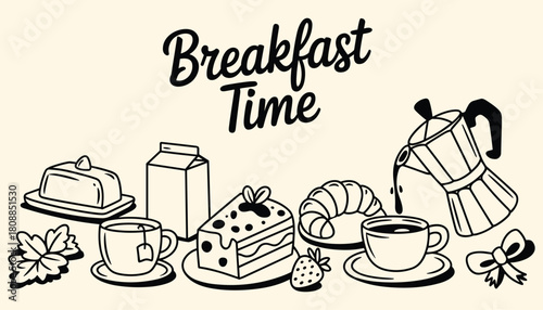 Black and white line art illustration of breakfast items including cake coffee tea croissant milk butter and strawberry