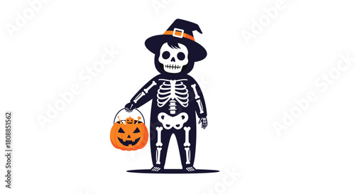 A charming illustration depicts a child dressed in a skeleton costume with a witch's hat, cheerfully holding a pumpkin-shaped trick-or-treat bucket for Halloween festivities.