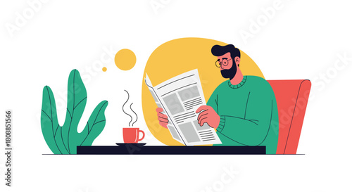 A man enjoys a quiet morning routine, reading the newspaper with a cup of coffee at a table, creating a peaceful and relaxed atmosphere.