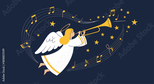 An angel plays a golden trumpet surrounded by musical notes and twinkling stars against a dark blue background, evoking a sense of celestial joy.