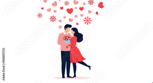 A loving couple embraces tenderly, the man presenting a bouquet of red roses to the woman, surrounded by falling hearts and snowflakes.