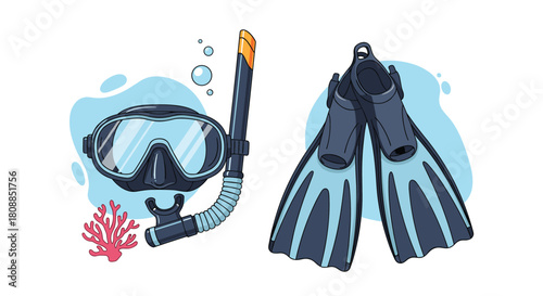 Colorful illustration of snorkeling gear including a mask, snorkel, and fins, perfect for depicting underwater adventures and summer activities.
