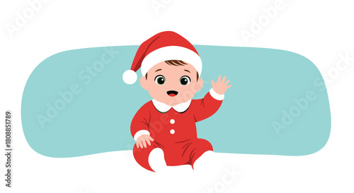 Adorable baby wearing a red Santa hat and suit waves cheerfully, creating a heartwarming Christmas scene perfect for holiday cards and festive designs.