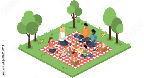 Isometric family picnic in park with nature elements and relaxing atmosphere
