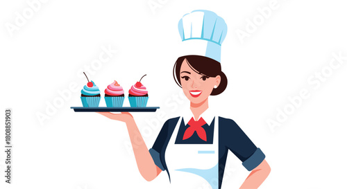 Smiling female baker presenting a tray of colorful cupcakes with cherry toppings, showcasing delicious desserts and confectionery skills.