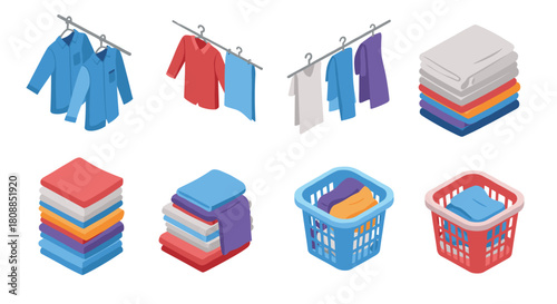 Laundry day essentials: hanging shirts and folded clothes in isometric style