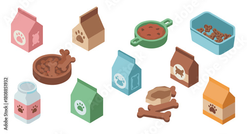 Isometric pet food packaging and treats set for dogs and cats