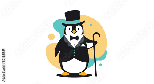 A charming illustration of a penguin dressed in formal attire, complete with a top hat, tuxedo, and cane, exudes a sophisticated and whimsical personality.