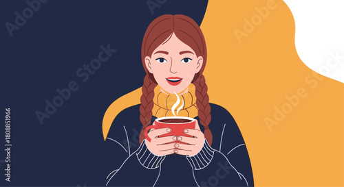 A cheerful young woman with braided hair enjoys a warm beverage, holding a steaming mug with both hands against a split color background.