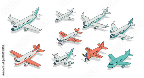 Isometric airplane collection: diverse aircraft designs in vibrant colors